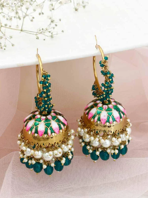 Women’s oval earrings-Emerald Rajamani Jhumkis - EOSS