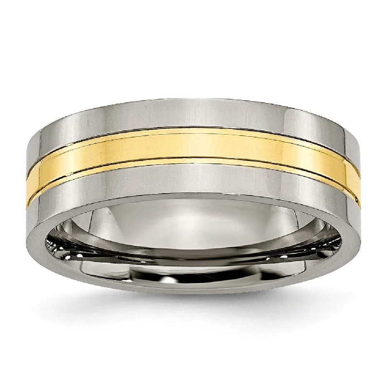 Women’s wedding ring sets-Titanium Yellow IP-plated Grooved 7mm Polished Band