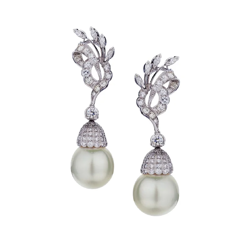 Women’s diamond hoop earrings-DIAMOND & PEARL DROP EARRINGS