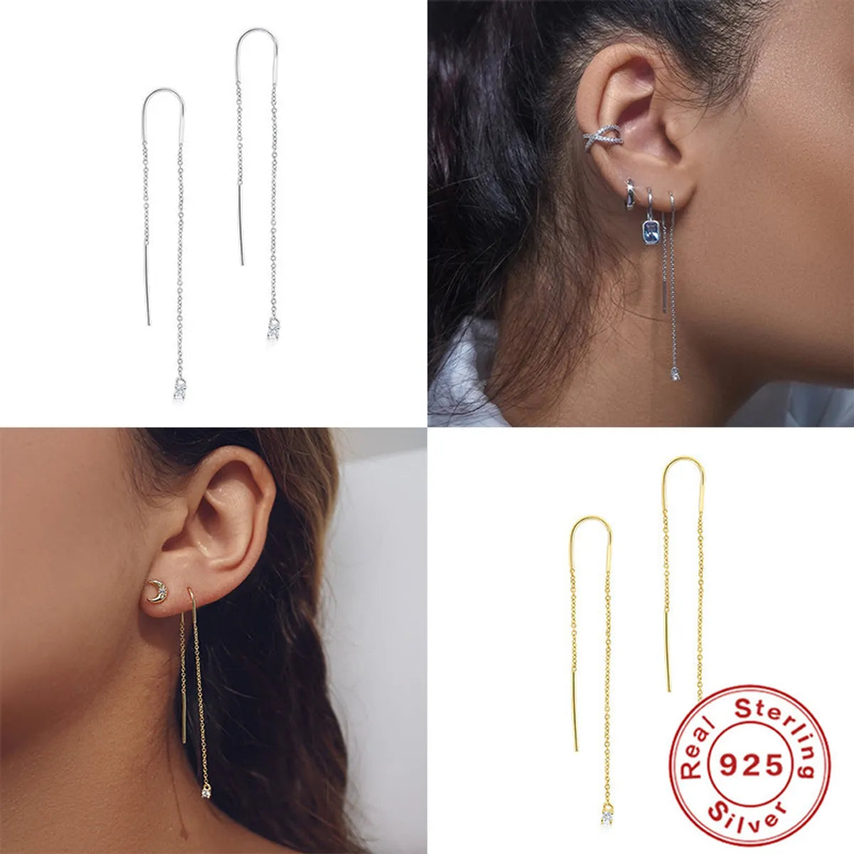 Women’s dangle earrings-1 Pair Basic Solid Color Plating Inlay Sterling Silver Zircon Ear Line