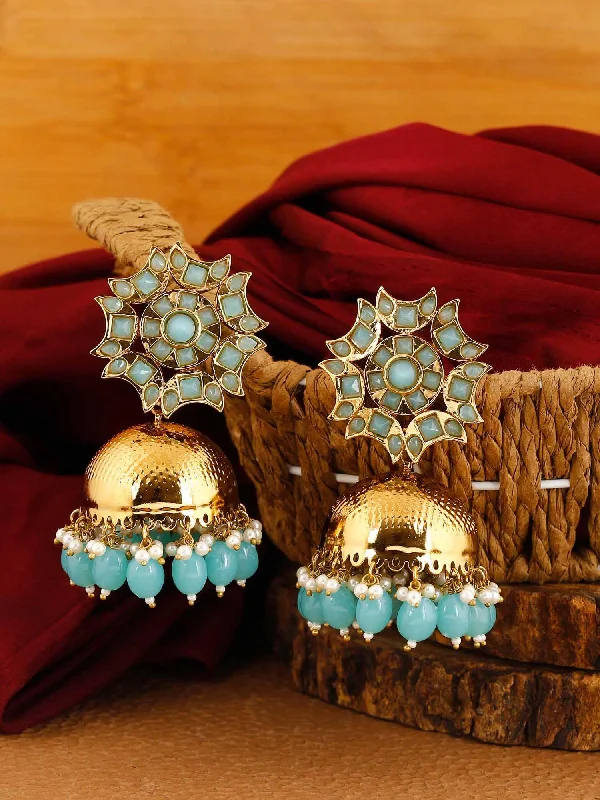 Women’s pearl earrings-Turquoise Archana Jhumkis