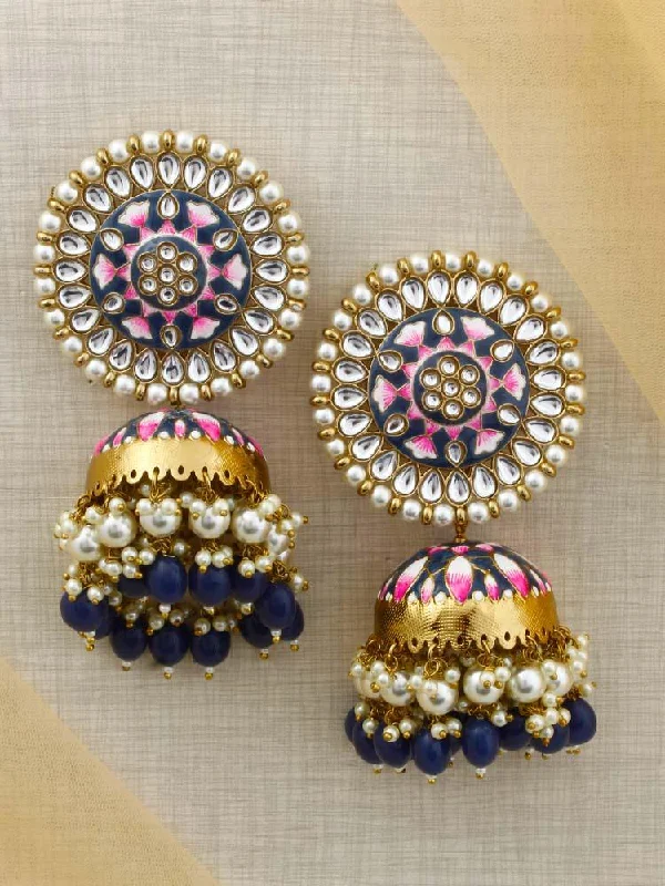 Women’s silver chandelier earrings-Navy Kritika Jhumkis - EOSS