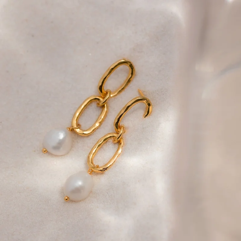 Women’s long dangling earrings-Pearl Drop Link Studs