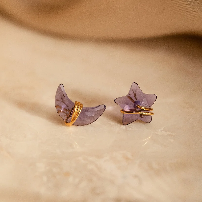 Women’s cubic zirconia earrings-Amethyst Moon & Star Studs