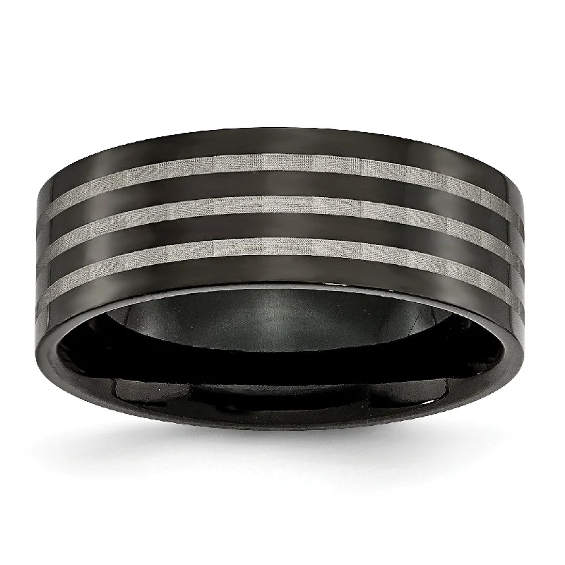 Women’s pink sapphire rings-Titanium Polished 8mm Black IP-plated w/Satin Stripes Band