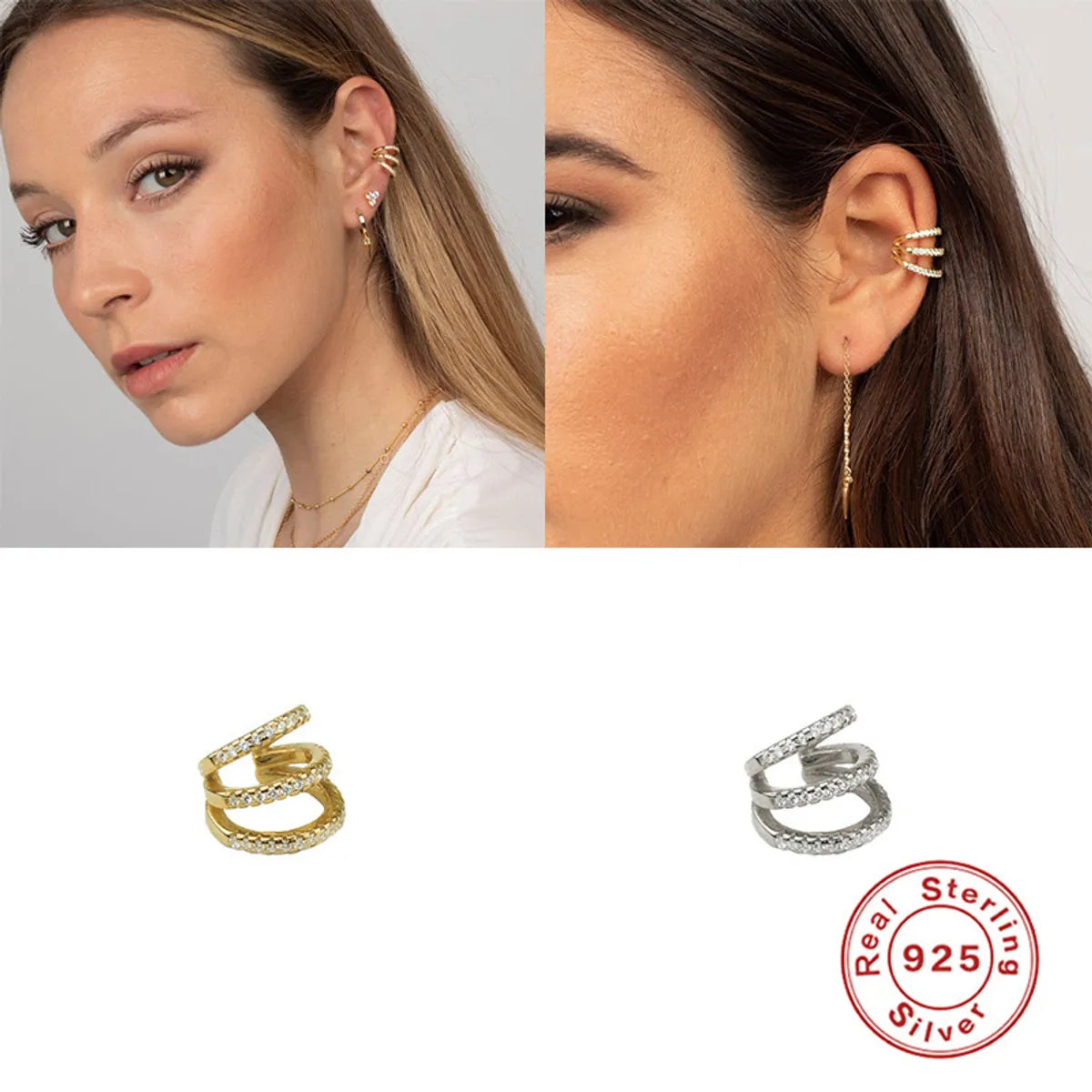 Women’s bridal drop earrings-1 Piece Vintage Style Simple Style Roman Style C Shape Geometric Inlay Sterling Silver Zircon White Gold Plated Gold Plated Ear Cuffs