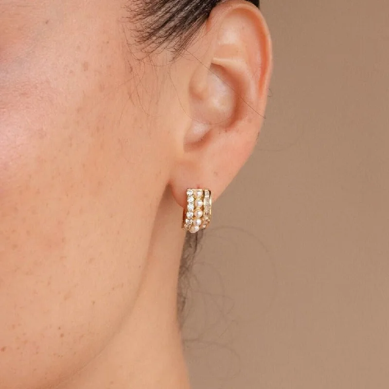 Women’s long dangling earrings-Diamond Pearl Stacked Hoops