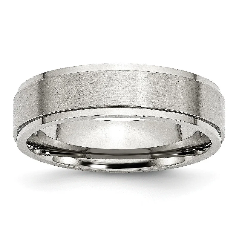 Women’s diamond wedding rings-Stainless Steel Ridged Edge 6mm Brushed and Polished Band