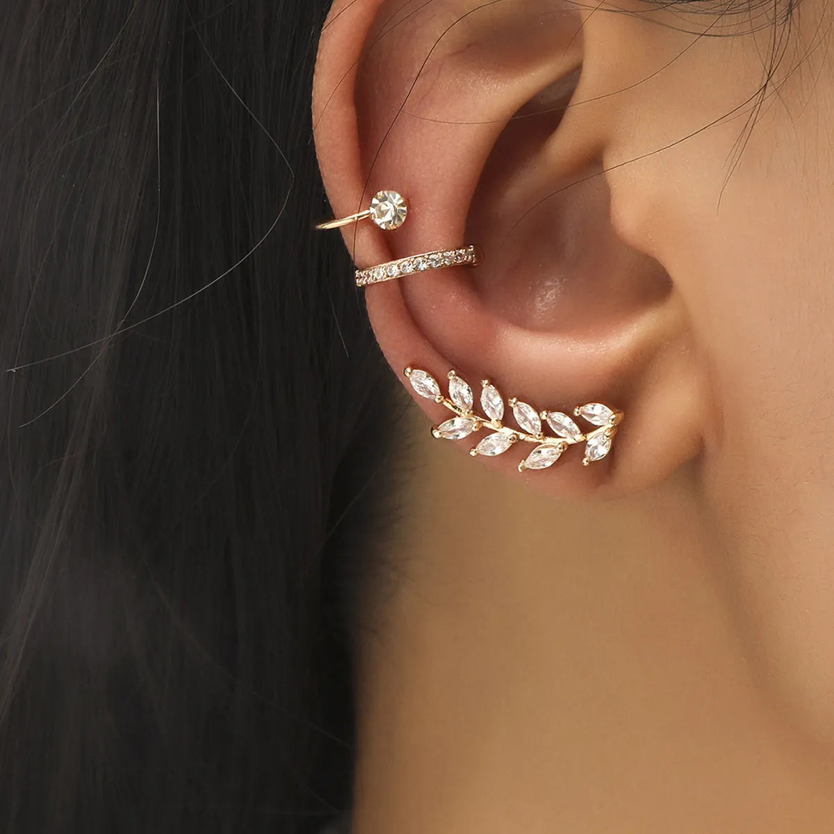 Women’s silver drop earrings-Fashion Leaf Copper Zircon Ear Clips In Bulk