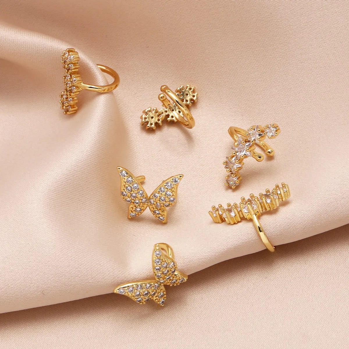 Women’s vintage earrings-1 Pair Elegant Simple Style Star Flower Butterfly Copper Zircon 18K Gold Plated Ear Cuffs