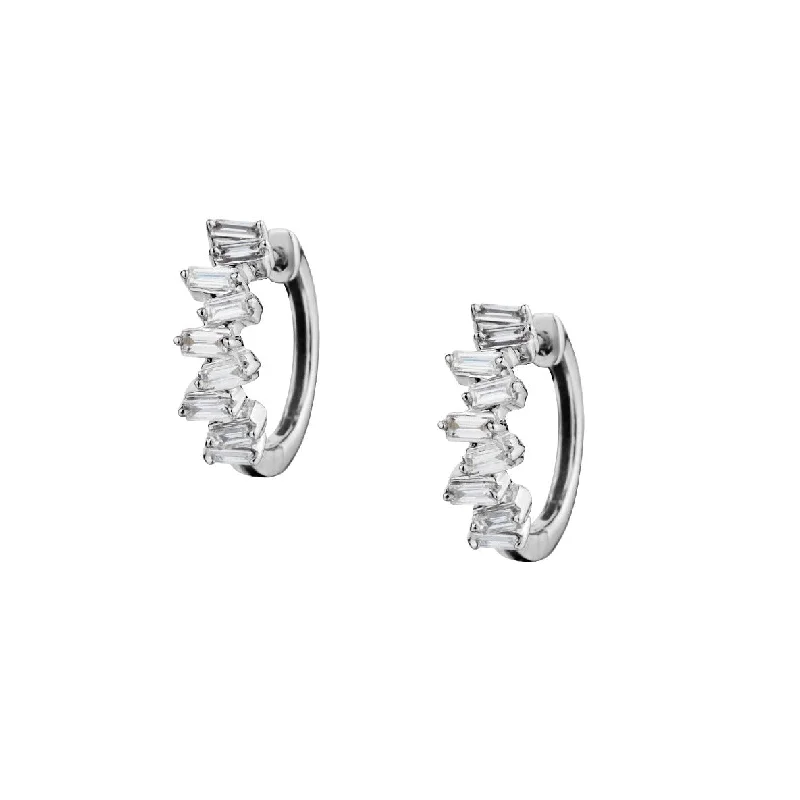 Women’s platinum earrings-STAGGERED BAGUETTE DIAMOND HUGGIE EARRINGS