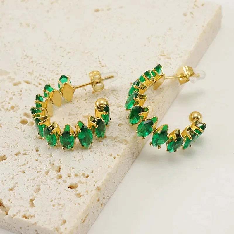 Women’s personalized stud earrings-Green Emerald C Shape Earrings