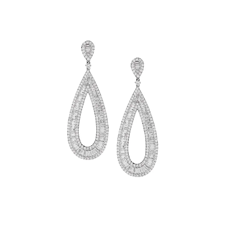 Women’s contemporary earrings-BAGUETTE & ROUND DIAMOND DROP EARRINGS