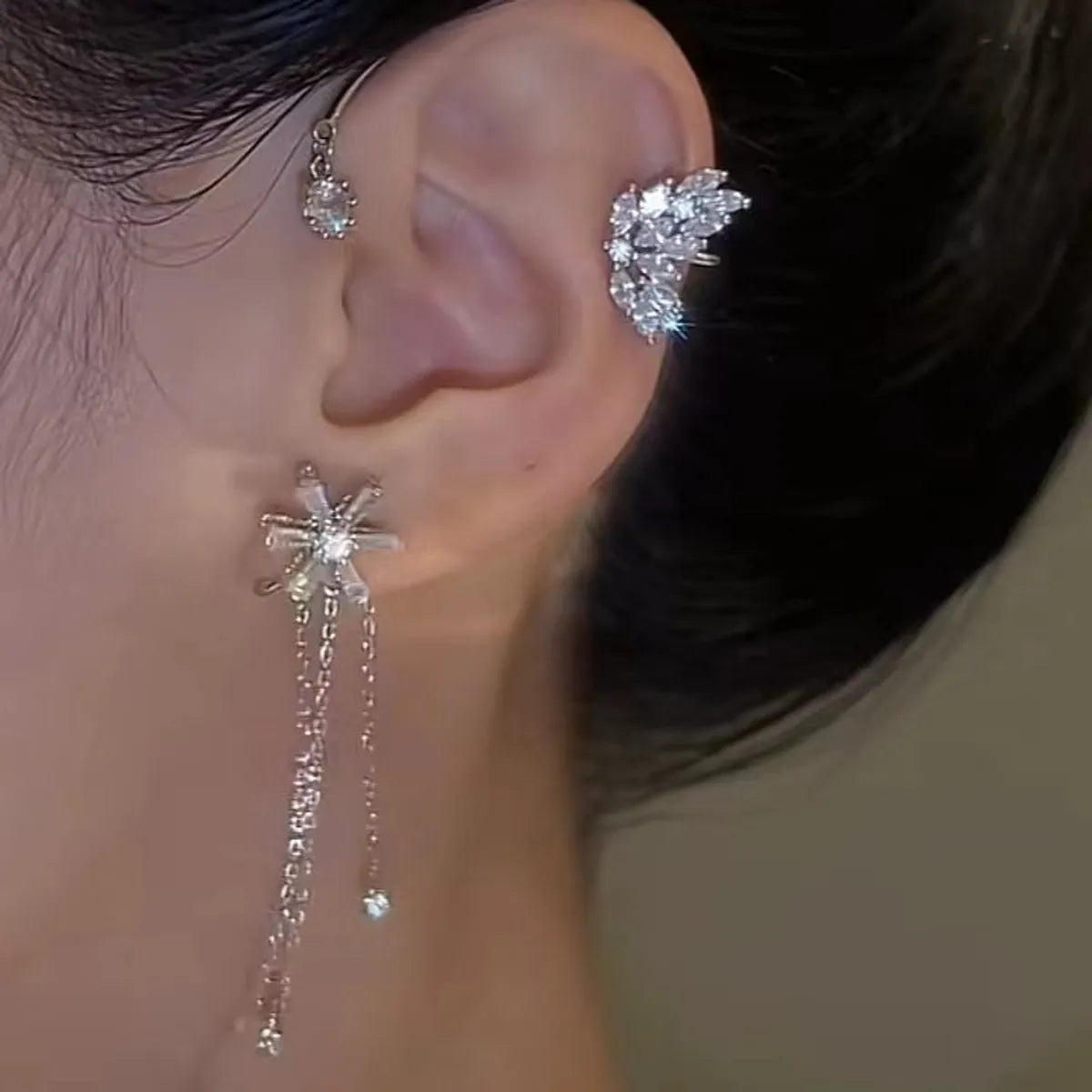 Women’s star-shaped earrings-Elegant Flower Alloy Tassel Plating Inlay Rhinestones Women's Ear Clips