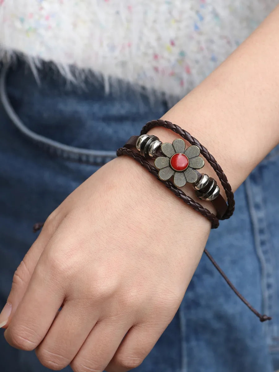 Women’s vintage bracelets-Vintage Style Flower Pu Leather Alloy Leather Unisex Wristband