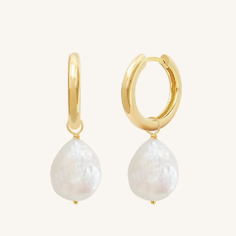 Women’s crystal earrings-Capri Pearl Charm Hoops