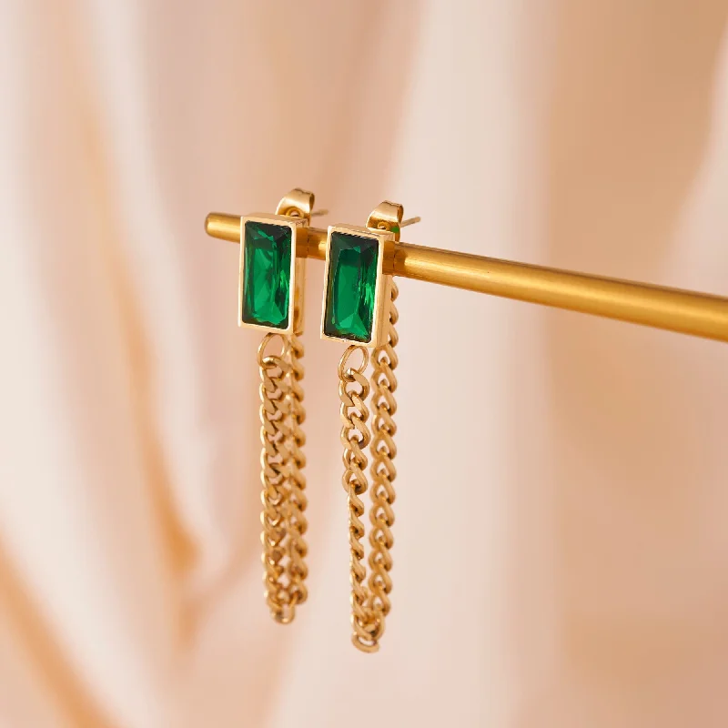 Women’s infinity earrings-Gold Chain Emerald Stud Earrings