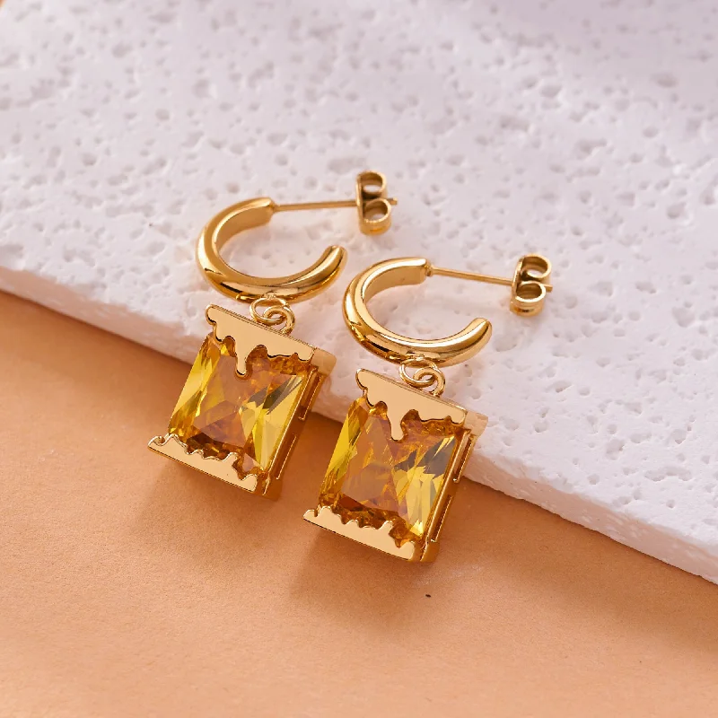 Women’s gold hoop earrings-Square Crystal Drop Earrings