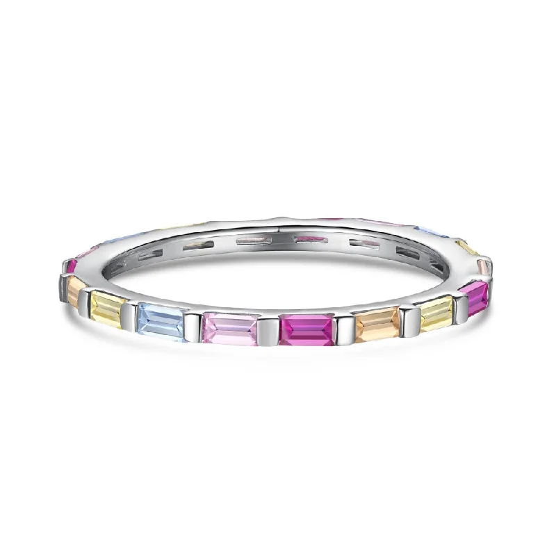 Women’s black diamond rings-Sterling Silver Multicolor Baguette Eternity Band