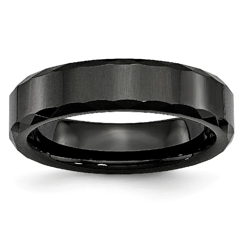 Women’s bridal rings with gemstones-Ceramic Black Faceted and Beveled Edge 6mm Polished Band