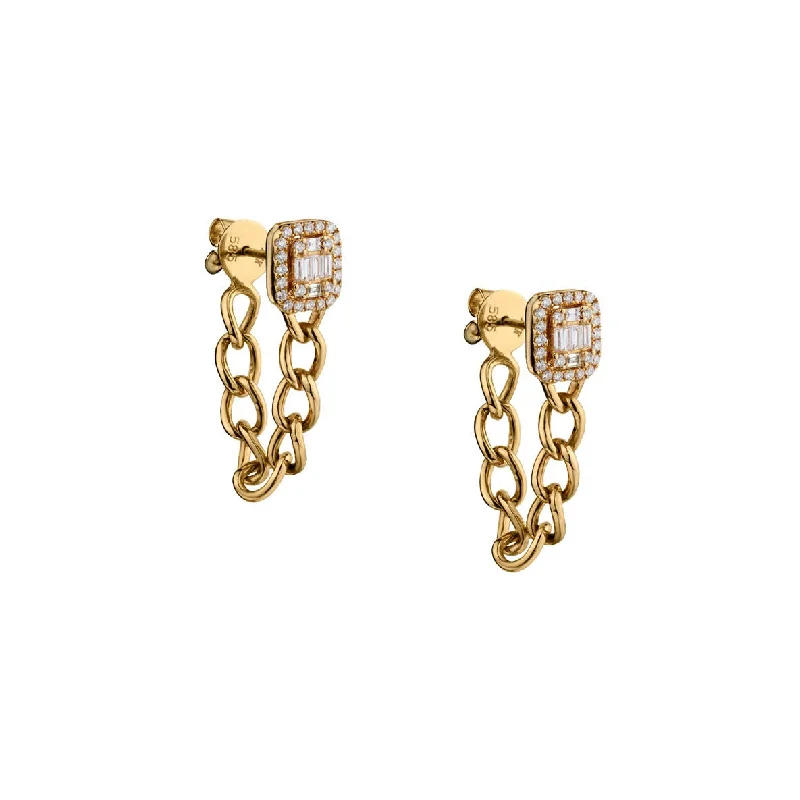 Women’s twist earrings-BAGUETTE & ROUND DIAMOND DROP LINK CHAIN EARRINGS