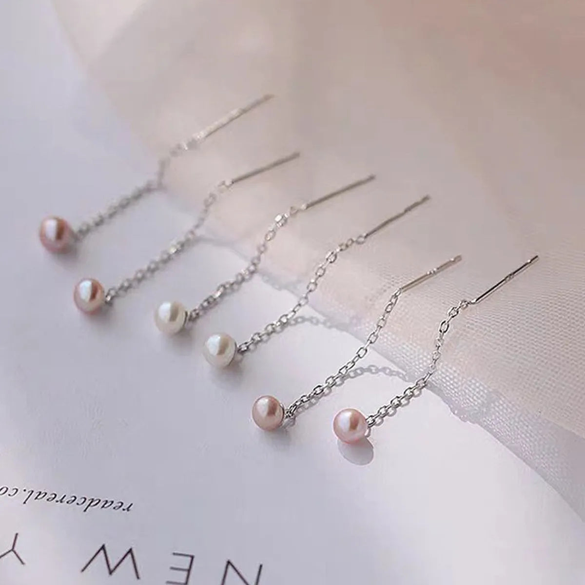 Women’s chain earrings-1 Pair Sterling Silver Artificial Pearls Geometric Ear Line