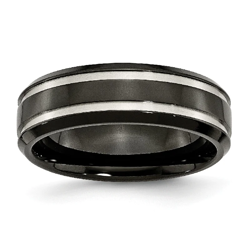 Women’s layered rings-Titanium Black IP-plated Grooved 7mm Band