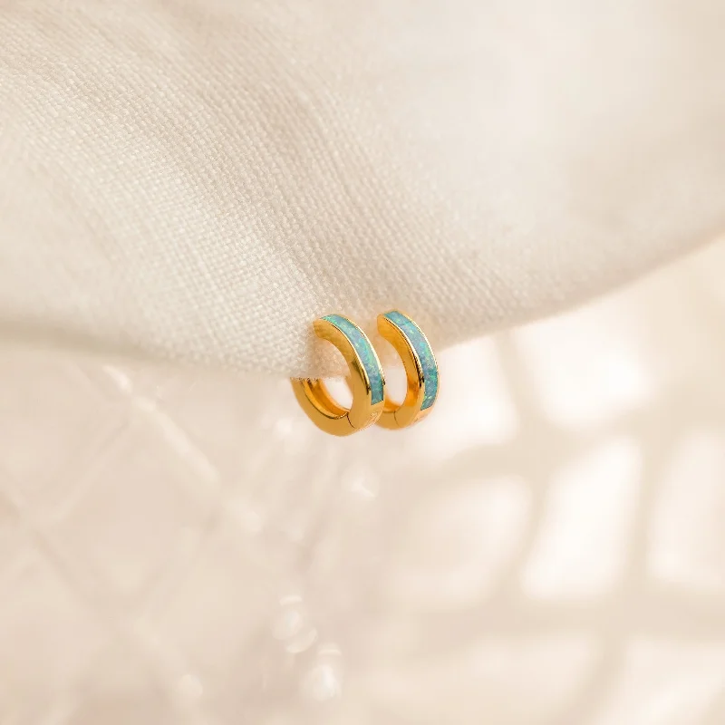 Women’s pearl and diamond earrings-Ocean Opal Inlay Huggies