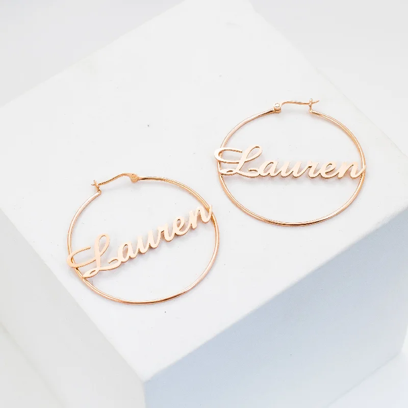 Women’s moonstone earrings-Classic Name Hoops