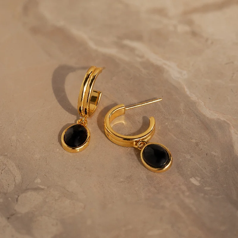 Women’s round hoop earrings-Black Gemstone Drop Hoops