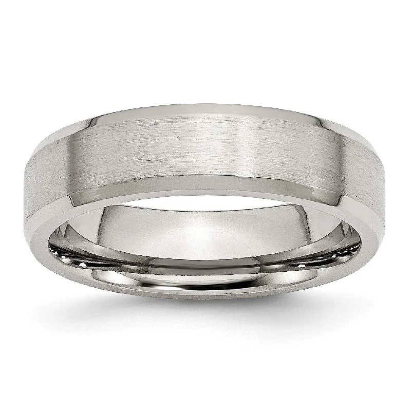 Women’s gold rings-Stainless Steel Flat Beveled Edge 6MM Brushed and Polished Band