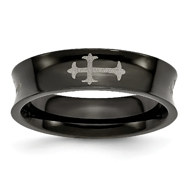 Women’s wedding rings with sapphires-Black IP Stainless Steel Concave 6MM Cross Band