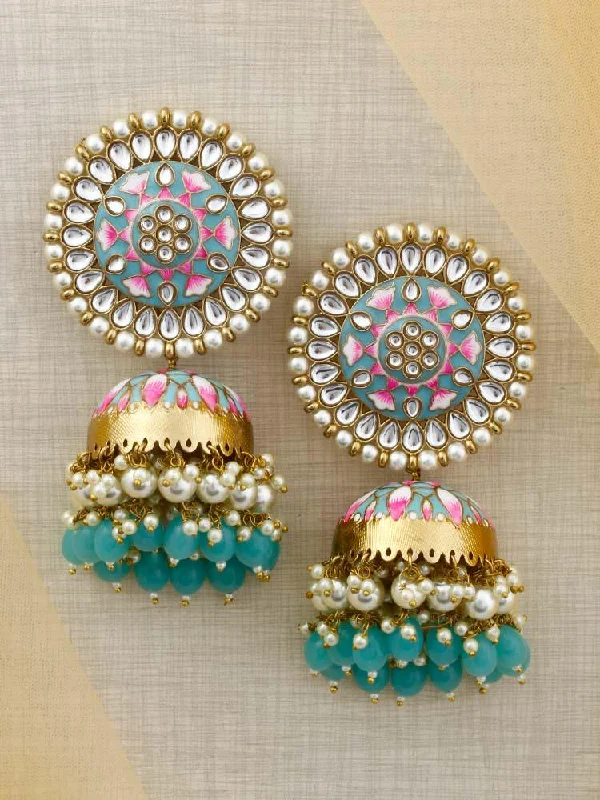 Women’s long dangling earrings-Turquoise Kritika Jhumkis - EOSS