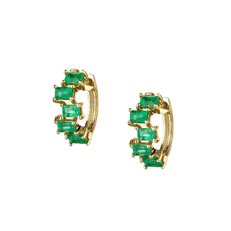 Women’s luxury gold earrings-STAGGERED EMERALD HUGGIE EARRINGS