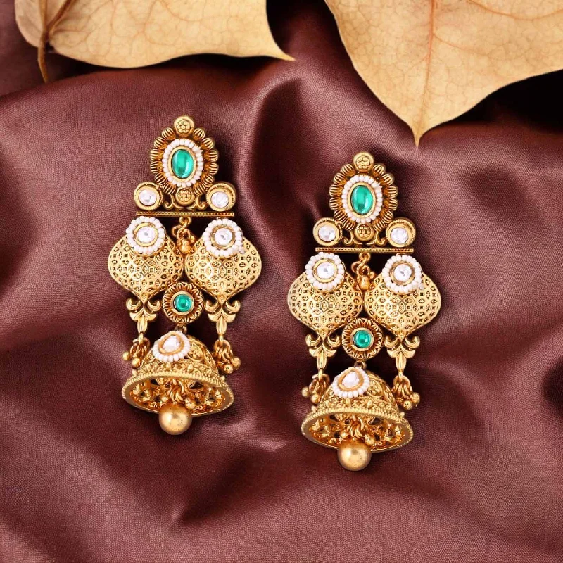 Women’s gold stud earrings-Emerald Amayra Temple Jhumkis