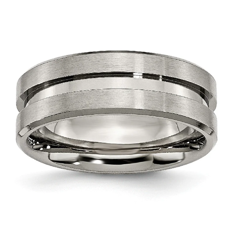 Women’s custom sapphire rings-Titanium Grooved 8mm Brushed and Polished Band