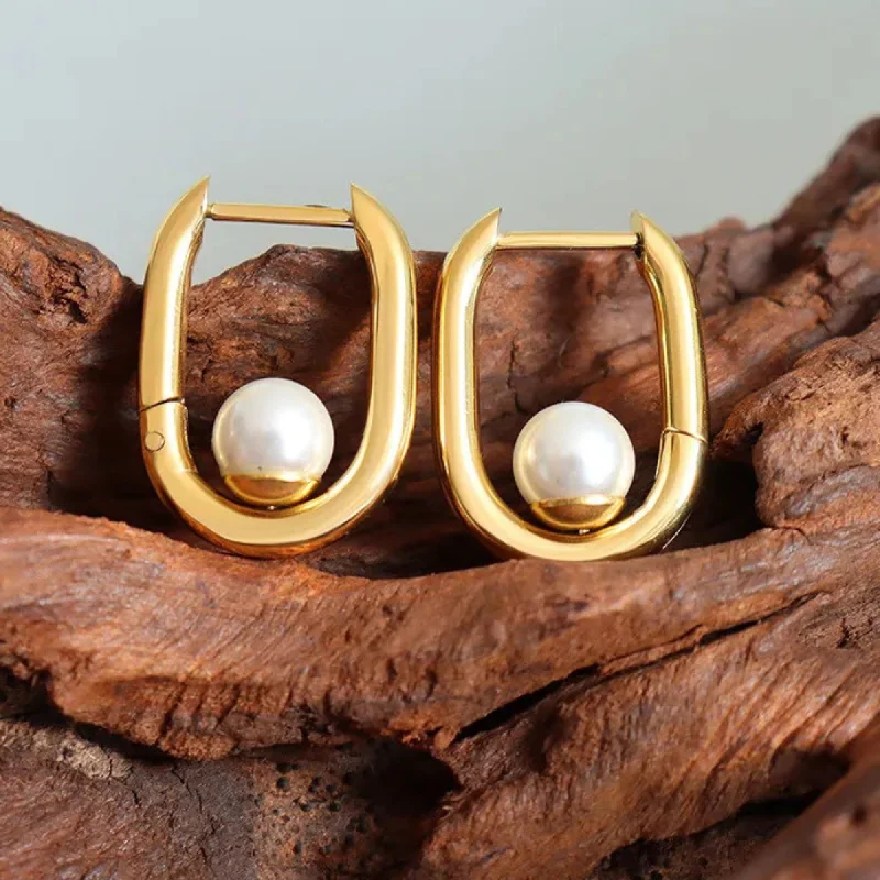 Women’s handmade earrings-U-Shaped Pearl Hoop Earrings