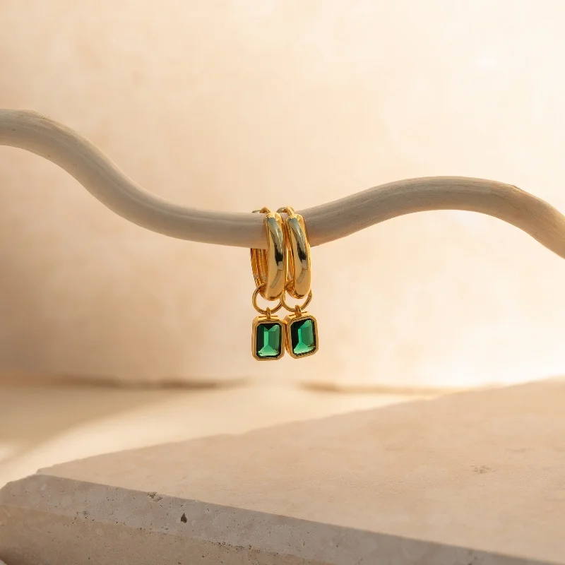 Women’s crystal drop earrings-Dangling Emerald Birthstone Hoops