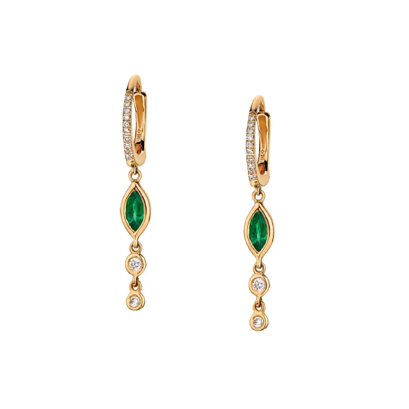 Women’s gold dangling earrings-BEZEL SET EMERALD & DIAMOND CHAIN HUGGIE EARRINGS