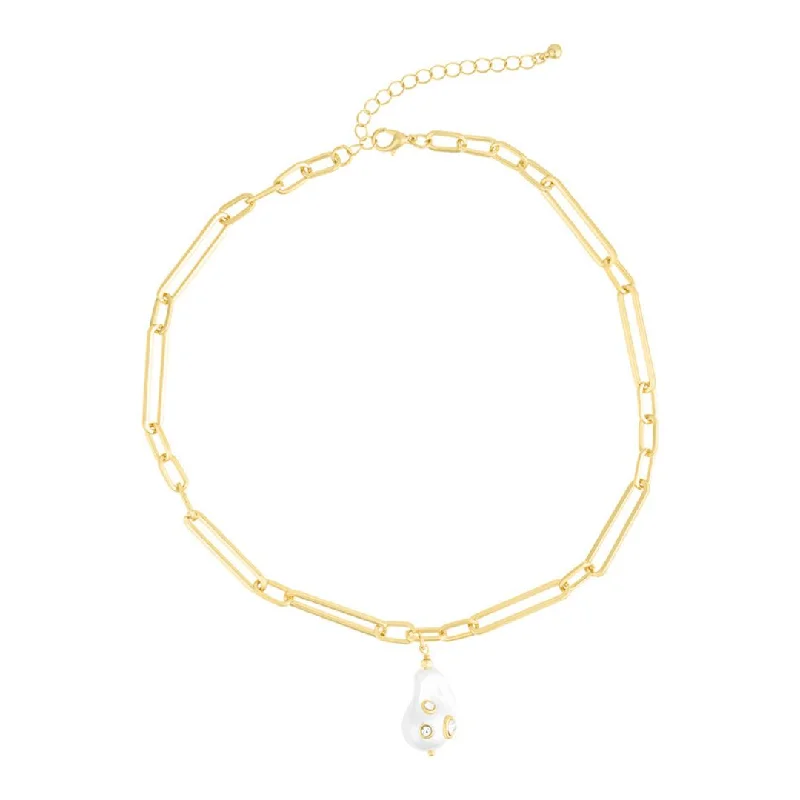 Women’s trendy necklaces-14k Gold Plated Paper Clip Chain with Crystal-Decorated Pearl Drop Necklace