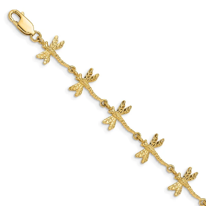 Women’s gold-plated bracelets-14k Polished and Textured Dragonfly 7.5 inch Bracelet-WBC-FB1490-7.5