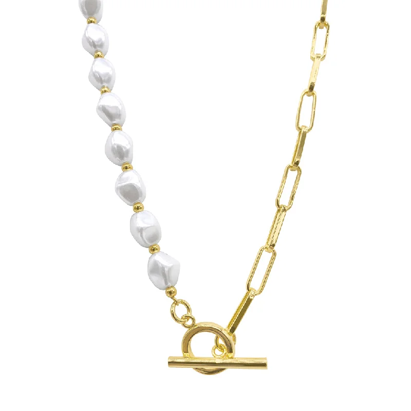 Women’s infinity symbol necklaces-Tarnish Resistant 14k Gold Plated Pearl and Paper Clip Chain Toggle Necklace