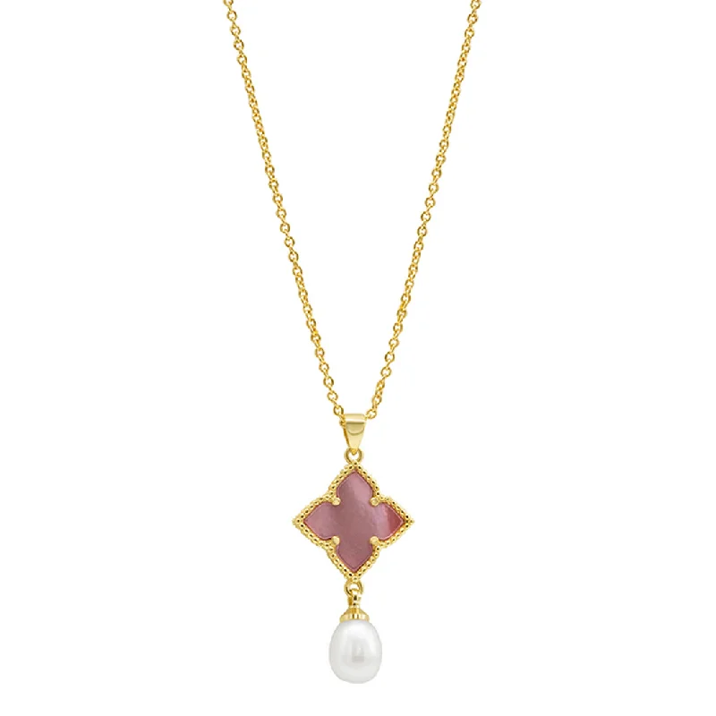 Women’s pearl pendant necklaces-14k Gold Plated Pink Mother-of-Pearl Flower With Freshwater Pearl Drop Necklace