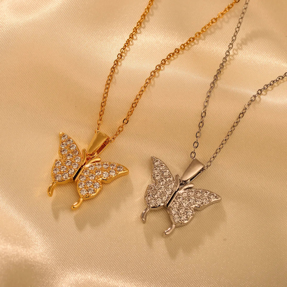 Women’s designer necklaces-Titanium Steel IG Style Shiny Butterfly Inlay Zircon Pendant Necklace