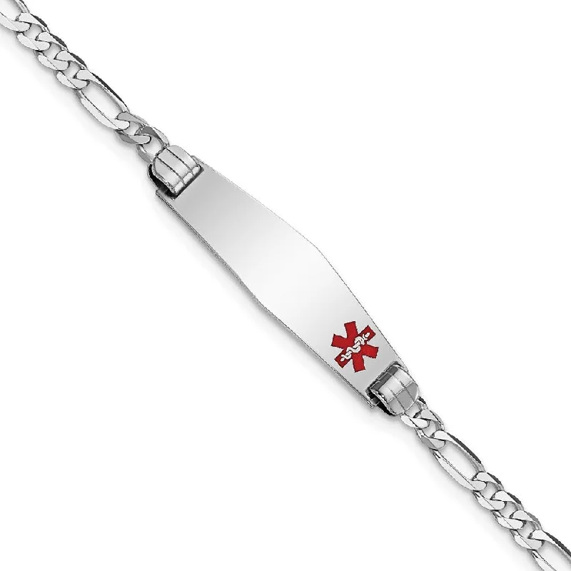 Women’s boho bracelets-14k White Gold 7.5mm Medical Soft Diamond Shape Red Enamel Figaro Link ID Bracelet, 7"