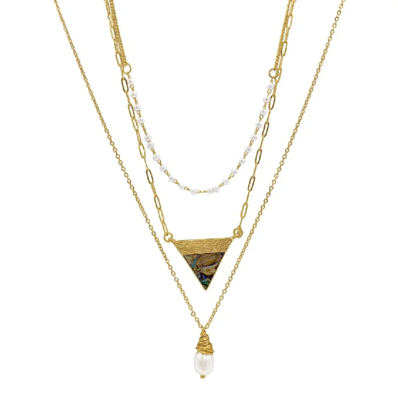 Women’s custom necklaces-14k Gold Plated Triangle and Freshwater Pearl Pendant Layered Necklace