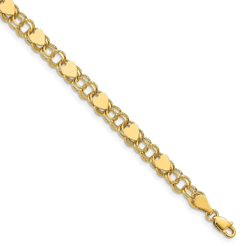 Women’s solid gold bracelets-14k Double Link with Hearts Charm Bracelet-WBC-DO500-8