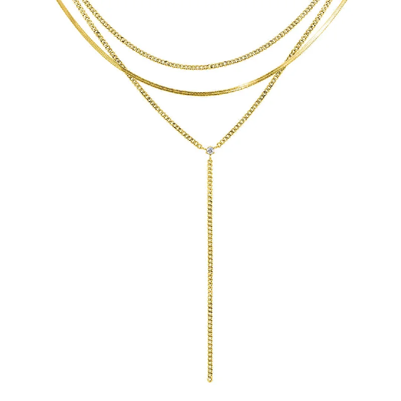 Women’s custom gemstone necklaces-Tarnish Resistant 14k Gold Plated Adjustable Curb Chain and Herringbone Lariat Y-Necklace Set