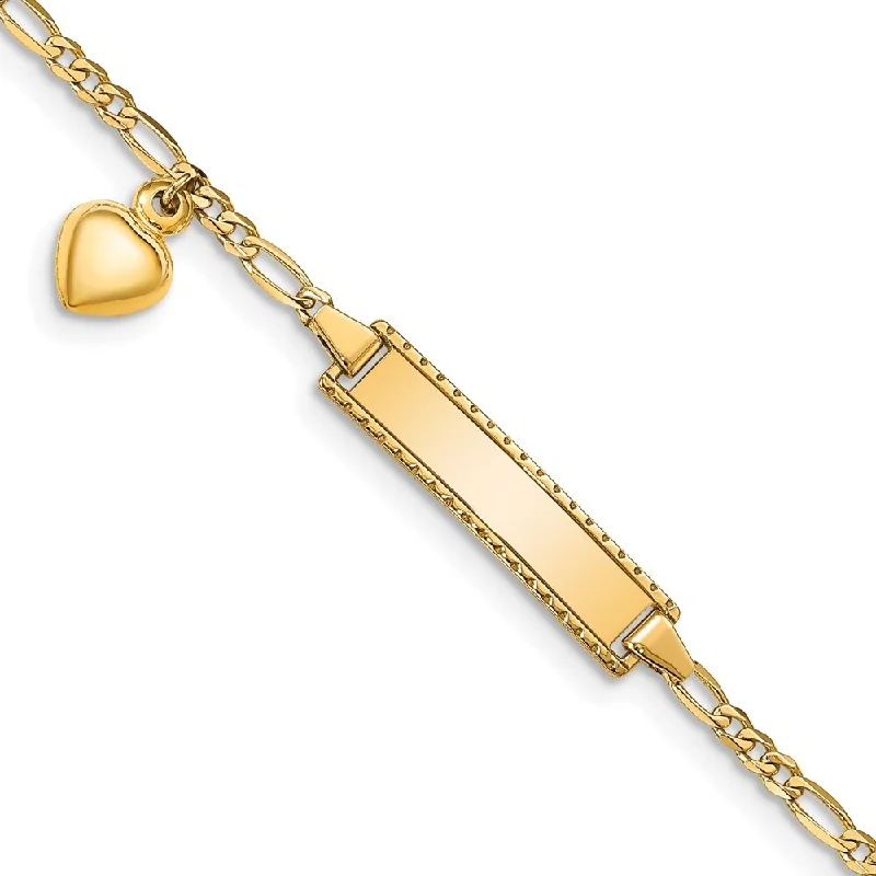 Women’s custom bracelets-14k Yellow Gold 5mm Dangling Heart Children's Figaro Link ID Bracelet, 6"