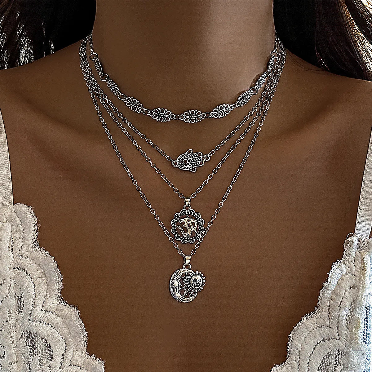 Women’s diamond chain necklaces-Retro Exaggerated Bohemian Sun Gloves Moon Alloy Iron Layered Tassel Chain Women's Pendant Necklace